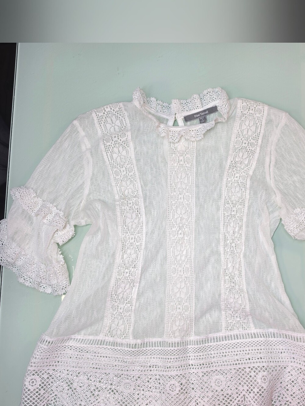 Anthropologie Blue Tassel White Lace Bell Sleeve Blouse XS